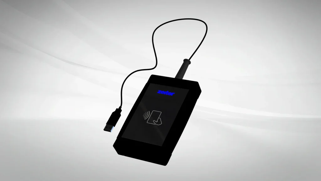 Lector de tarjetas de proximidad USB para mesa de recepción enlazado al software de control de asistencia de empleados.