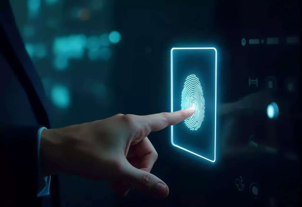 Persona colocando su dedo en una pantalla digital con escáner de huella para el control de horario.