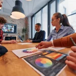 Equipo analiza paleta de colores en junta de control de producción en una empresa para optimizar el diseño.